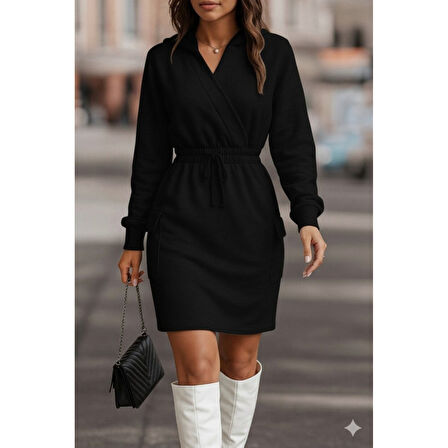 Lucky Life Kadın Uzun Kollu V Yakalı Kapşonlu Cep Detaylı şardonlu Iki Iplik Kısa Elbise