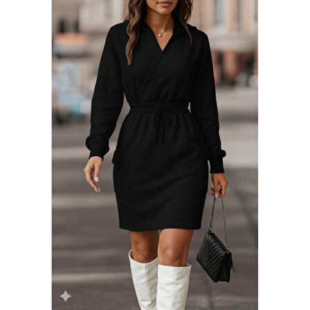 Lucky Life Kadın Uzun Kollu V Yakalı Kapşonlu Cep Detaylı şardonlu Iki Iplik Kısa Elbise