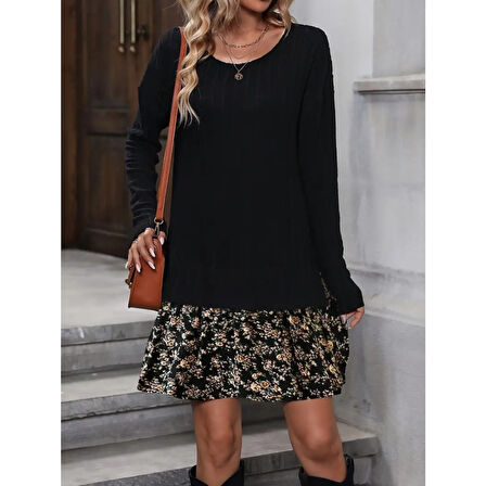 Lucky Life Kadın Uzun Kollu Bisiklet Yaka şardonlu Kaşkorse Bluz Ve Süprem Etek Elbise