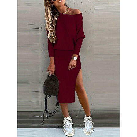 Lucky Life Kadın Uzun Kollu Düşük Omuz Yırtmaç Detay Kaşkorse Etek Bluz Ikili Takım