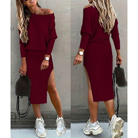 Lucky Life Kadın Uzun Kollu Düşük Omuz Yırtmaç Detay Kaşkorse Etek Bluz Ikili Takım