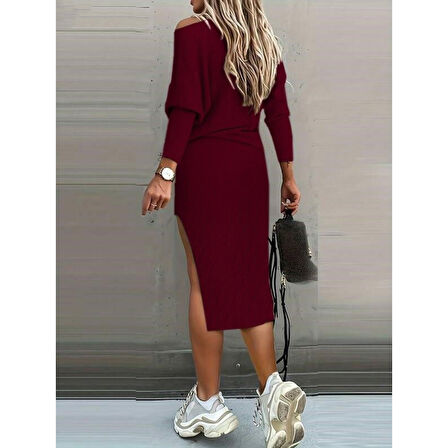 Lucky Life Kadın Uzun Kollu Düşük Omuz Yırtmaç Detay Kaşkorse Etek Bluz Ikili Takım