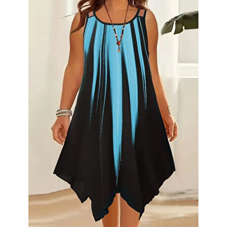 Lucky Life Kadın Askılı Yuvarlak Yaka Asimetrik Detaylı Desenli Süprem Elbise