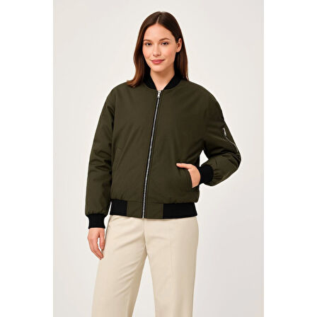 Içi Astarlı Fermuarlı Lucky Life Bomber Mont Ceket - Haki