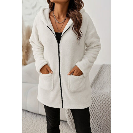 Lucky Life Kadın Uzun Kollu Kapşonlu önden Fermuarlı Cepli Welsoft Ceket