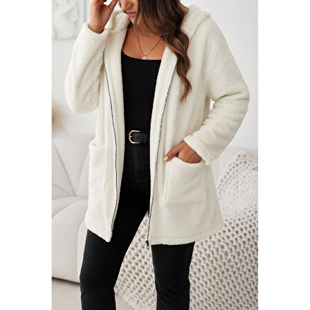 Lucky Life Kadın Uzun Kollu Kapşonlu önden Fermuarlı Cepli Welsoft Ceket