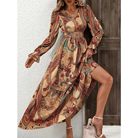 Lucky Life Kadın Uzun Kollu V Yakalı Beli Lastikli Desenli Süprem Elbise