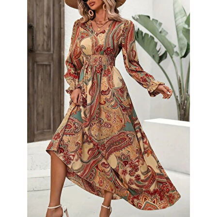 Lucky Life Kadın Uzun Kollu V Yakalı Beli Lastikli Desenli Süprem Elbise