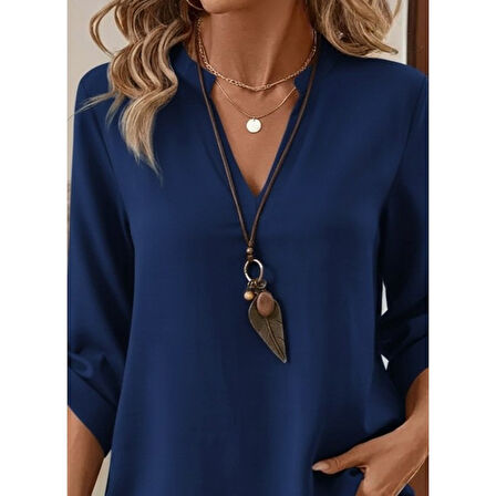 Lucky Life Kadın Uzun Kollu V Yakalı Ithal Krep Lacivert Bluz