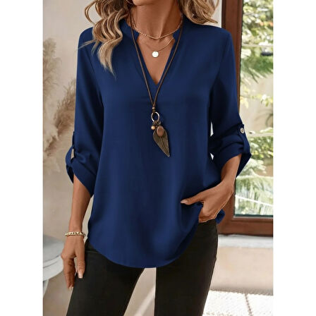 Lucky Life Kadın Uzun Kollu V Yakalı Ithal Krep Lacivert Bluz