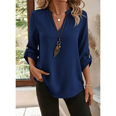 Lucky Life Kadın Uzun Kollu V Yakalı Ithal Krep Lacivert Bluz