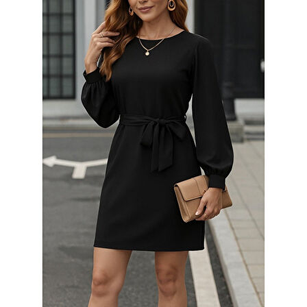 Lucky Life Kadın Uzun Kollu Kayık Yaka Belden Kuşaklı Kısa Ithal Krep Elbise