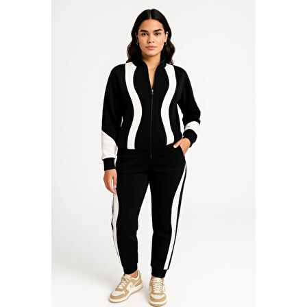 Premium Parçalı Eşofman Takım - Dik Yaka Fermuarlı Sweatshirt - Siyah