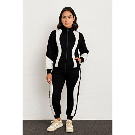 Premium Parçalı Eşofman Takım - Dik Yaka Fermuarlı Sweatshirt - Siyah