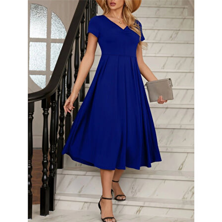 Lucky Life Kadın Kısa Kollu V Yakalı önden Pileli Midi Janjan Krep Elbise