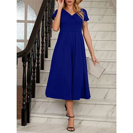 Lucky Life Kadın Kısa Kollu V Yakalı önden Pileli Midi Janjan Krep Elbise