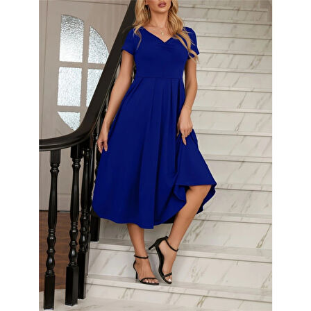 Lucky Life Kadın Kısa Kollu V Yakalı önden Pileli Midi Janjan Krep Elbise