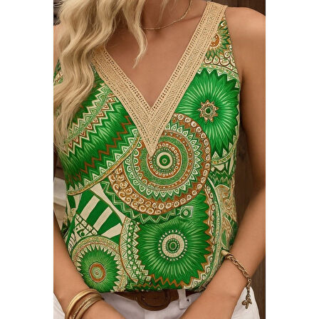 Lucky Life Kadın Askılı V Yaka Dantelli Süprem Bluz