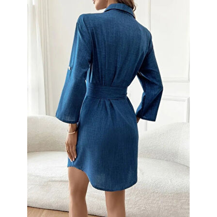 Lucky Life Kadın Uzun Kollu Yakalı önden Düğmeli Beli Kuşaklı Mini Ithal Keten Elbise