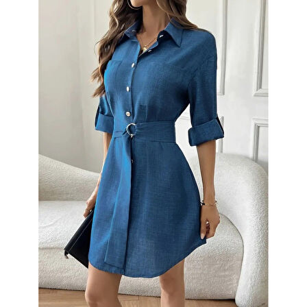 Lucky Life Kadın Uzun Kollu Yakalı önden Düğmeli Beli Kuşaklı Mini Ithal Keten Elbise