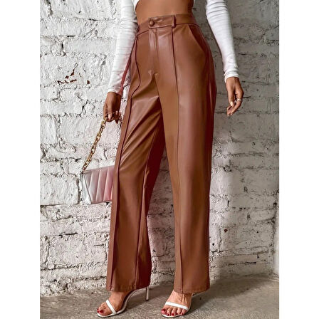 Lucky Life Kadın önden Fermuarlı Cepli Geniş Kesim Lame Deri Pantolon