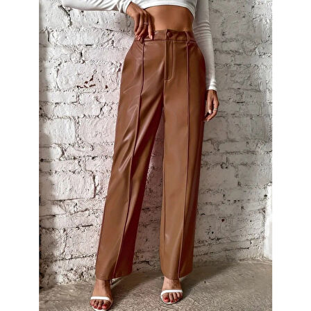 Lucky Life Kadın önden Fermuarlı Cepli Geniş Kesim Lame Deri Pantolon