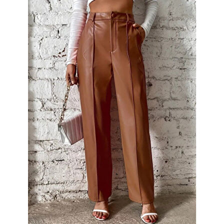 Lucky Life Kadın önden Fermuarlı Cepli Geniş Kesim Lame Deri Pantolon