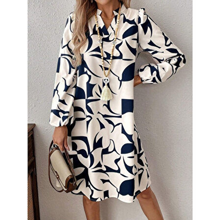 Lucky Life Kadın  Uzun Kollu V Yakalı Desenli Modal Mini Elbise