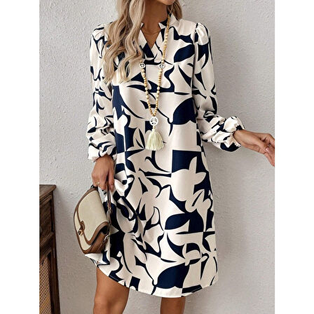 Lucky Life Kadın  Uzun Kollu V Yakalı Desenli Modal Mini Elbise