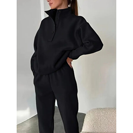 Lucky Life Kadın Uzun Kollu Balıkçı Dik Yakalı Düğmeli üç Iplik Bluz Ve Pantolon Ikili Takım