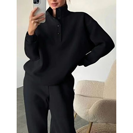 Lucky Life Kadın Uzun Kollu Balıkçı Dik Yakalı Düğmeli üç Iplik Bluz Ve Pantolon Ikili Takım