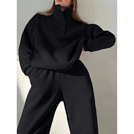 Lucky Life Kadın Uzun Kollu Balıkçı Dik Yakalı Düğmeli üç Iplik Bluz Ve Pantolon Ikili Takım