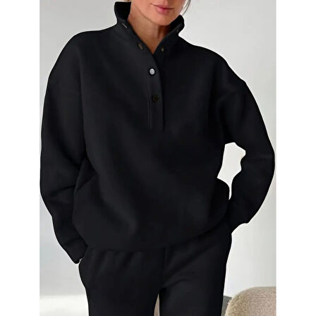 Lucky Life Kadın Uzun Kollu Balıkçı Dik Yakalı Düğmeli üç Iplik Bluz Ve Pantolon Ikili Takım