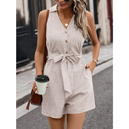 Lucky Life Kadın Sıfır Kollu Yakalı Düğmeli Belden Kuşaklı Kısa Keten Tulum