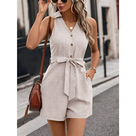 Lucky Life Kadın Sıfır Kollu Yakalı Düğmeli Belden Kuşaklı Kısa Keten Tulum