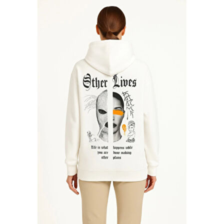 Lucky Life Oversize Üç İplik Şardonlu Kapüşonlu Sweatshirt – Beyaz “Other Lives” Ön Ve Arka Baskılı, Kanguru Cepli, Ribanalı Rahat Kışlık Model Beyaz