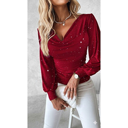 Lucky Life Kadın Uzun Kollu Degaje Yaka Taşlı Sandy Bluz