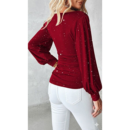 Lucky Life Kadın Uzun Kollu Degaje Yaka Taşlı Sandy Bluz