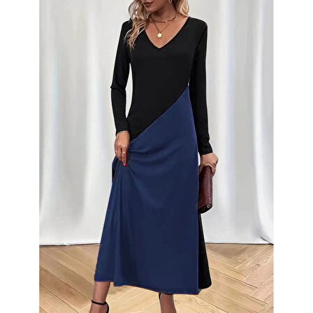 Lucky Life Kadın Uzun Kollu V Yakalı Blok Desenli Viskon Elbise