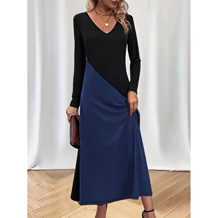 Lucky Life Kadın Uzun Kollu V Yakalı Blok Desenli Viskon Elbise