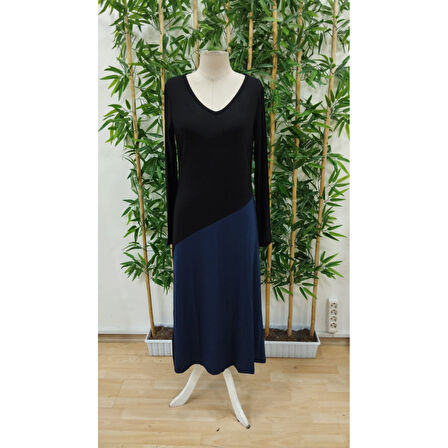 Lucky Life Kadın Uzun Kollu V Yakalı Blok Desenli Viskon Elbise