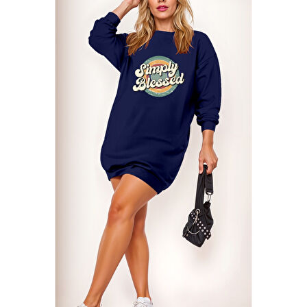 Lucky Life Kadın Uzun Kollu Bisiklet Yaka Yazılı Viskon Iki Iplik Elbise