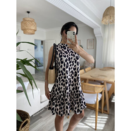 Lucky Life Kadın Kolsuz Sırttan Bağlamalı Fırfırlı Leopar Desenli Süprem Elbise