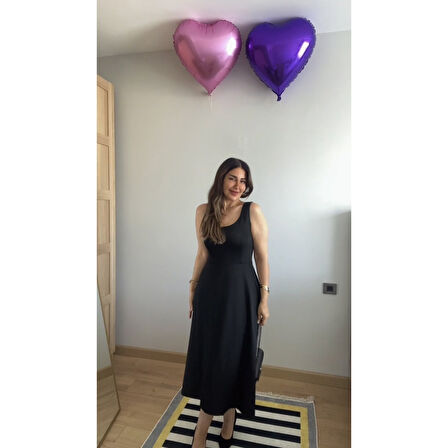 Lucky Life Kadın Askılı Kare Yaka Yırtmaçlı Midi Janjan Krep Elbise