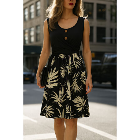 Lucky Life Kadın Askılı Yuvarlak Yaka Düğmeli üst Viskon Alt Desenli Süprem Elbise