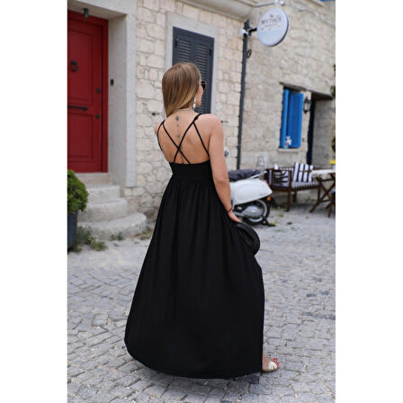 Lucky Life Kadın Sırttan çapraz Bağcıklı Yırtmaçlı Cepli Viskon Elbise