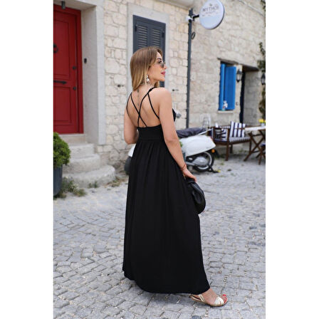 Lucky Life Kadın Sırttan çapraz Bağcıklı Yırtmaçlı Cepli Viskon Elbise