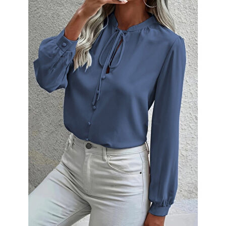 Lucky Life Kadın Uzun Kollu Yakalı Yakadan Bağcıklı Düğmeli Sandy Bluz