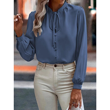 Lucky Life Kadın Uzun Kollu Yakalı Yakadan Bağcıklı Düğmeli Sandy Bluz