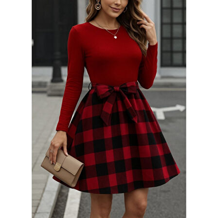 Lucky Life Kadın Uzun Kollu Bisiklet Yaka üst Viskon Alt Ekose Kısa Elbise